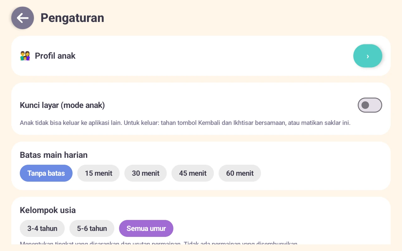 Halaman Pengaturan: profil anak, kunci layar, batas main harian, kelompok usia