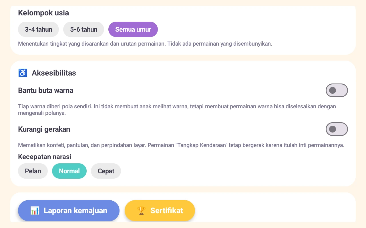 Pengaturan aksesibilitas: bantu buta warna, kurangi gerakan, kecepatan narasi